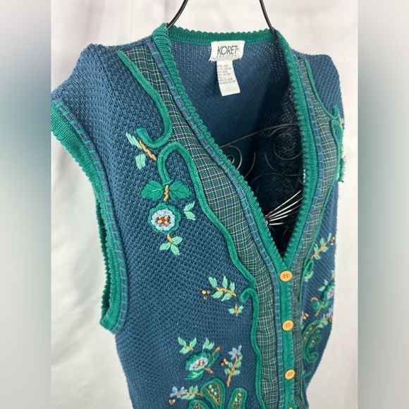 Vintage Koret blue floral embroidered button down vest size L - Picture 12 of 13